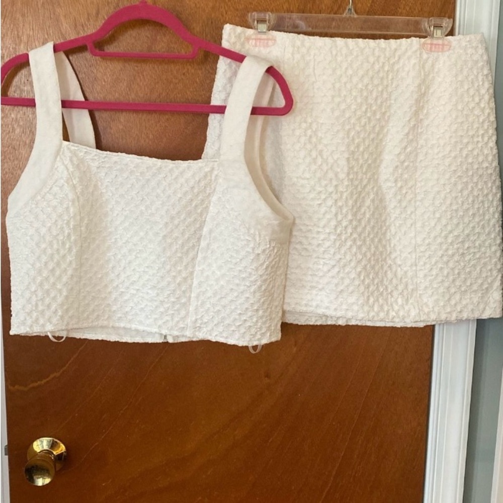 White Textured Crop Top and Skirt Set
